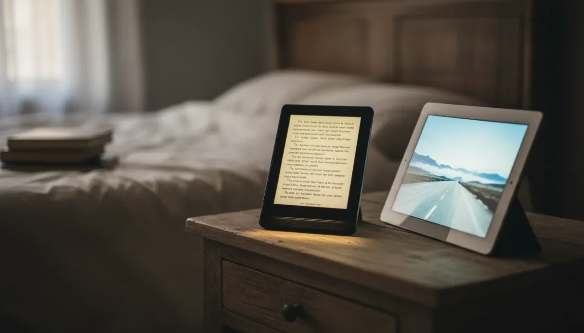 E-reader front-light compared to tablet screen illumination in a dim room.