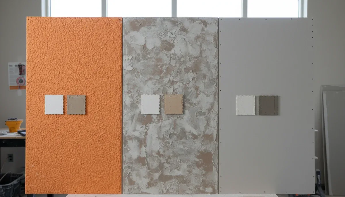 Visual comparison of different drywall textures next to wallpaper swatches.