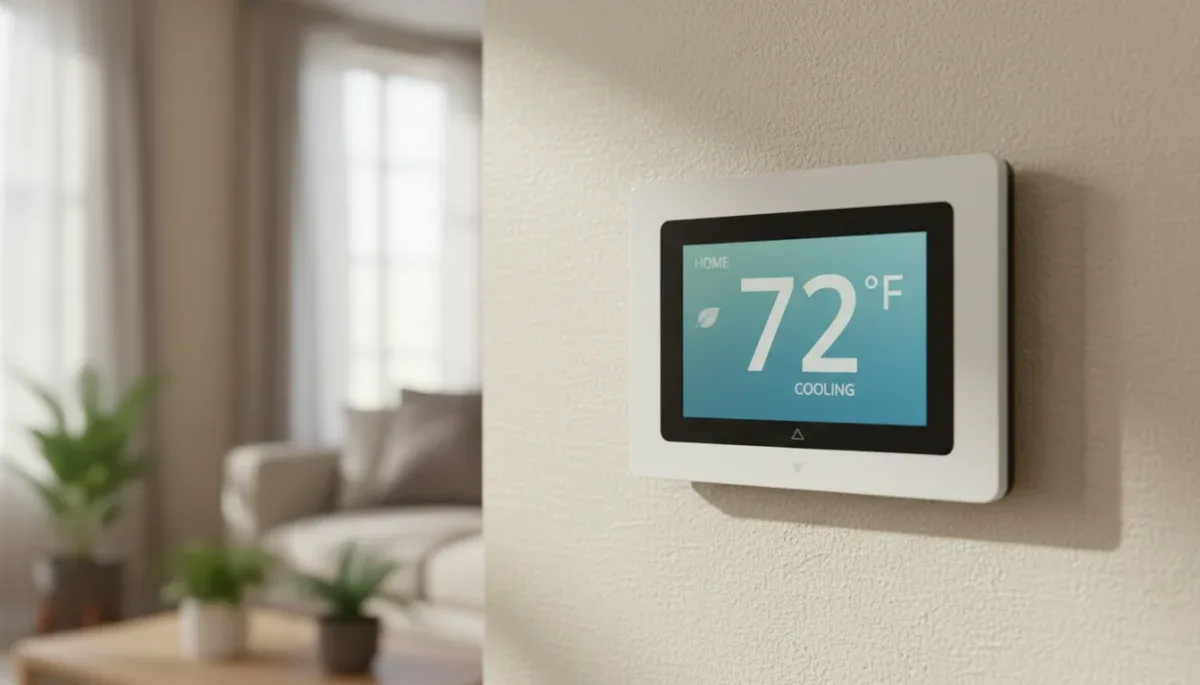 Digital home thermostat regulating indoor heat during cold weather.