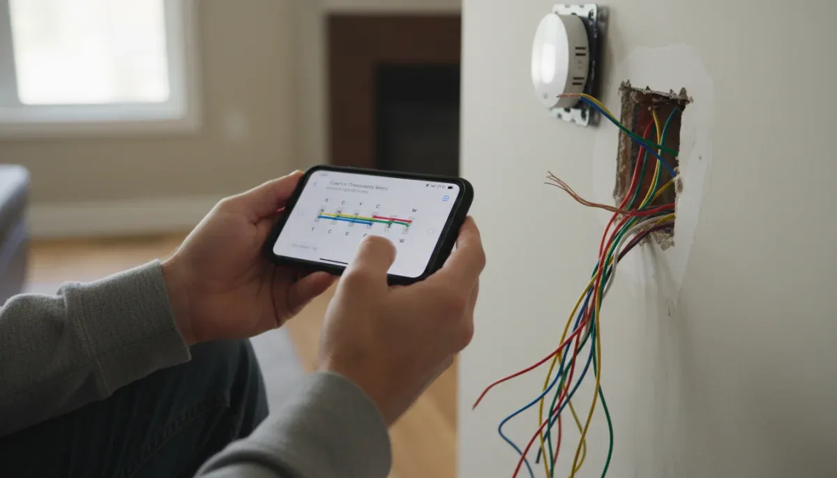 Person matching exposed thermostat wires against a digital compatibility checker app