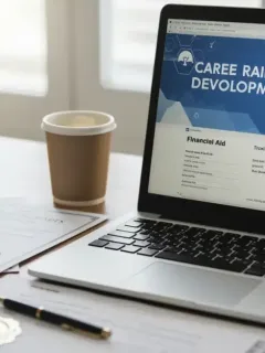 Job training program materials with laptop and certification documents
