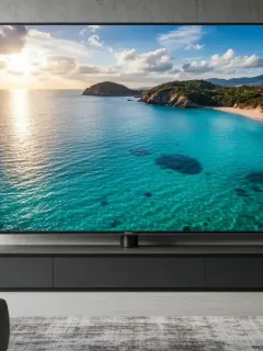 Modern 8K TV displaying crystal-clear ocean scenery in a contemporary living room