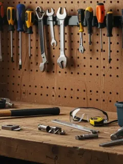 DIY home repair tools arranged on a workbench ready for home improvement projects
