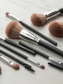 Professional makeup brushes on marble vanity for flawless application
