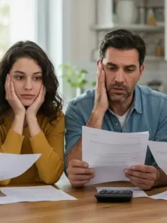 Family checking tax documents at kitchen table worried about missing Child Tax Credit benefits