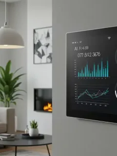 AI home automation dashboard displaying energy usage analytics and smart device controls in a modern smart home