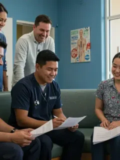 Diverse patients receiving healthcare assistance at a Medicaid facility