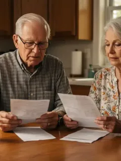 Senior couple checking Social Security benefits letter at kitchen table