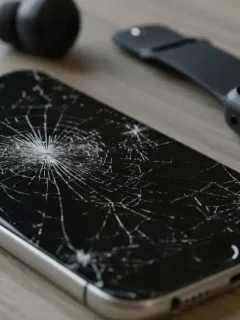 Cracked smartphone screen next to electronics showing need for gadget insurance