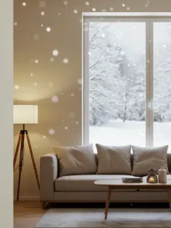 Smart thermostat on wall in living room with winter view