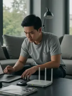 Person troubleshooting home Wi-Fi router with laptop checking network settings