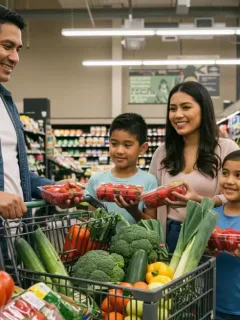Family shopping with SNAP benefits at grocery store