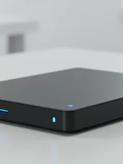 Modern external hard drive with LED indicators on white desk