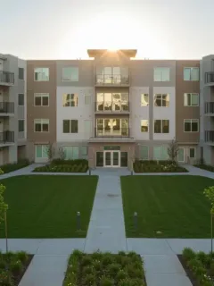 Modern affordable housing apartment building with sunlight and landscaping