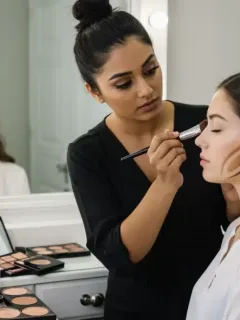 Professional face contouring application with makeup brushes