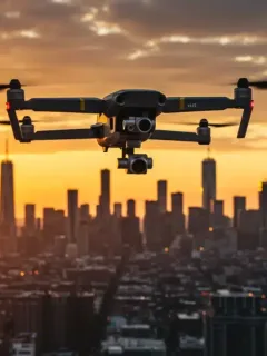 Modern drone flying over American city at sunset with advanced technology features visible
