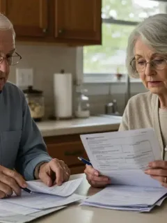 Senior couple reviewing Medicare Part B premium changes for 2026 at their kitchen table
