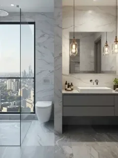 Luxury modern bathroom with walk-in shower, floating vanity and elegant lighting