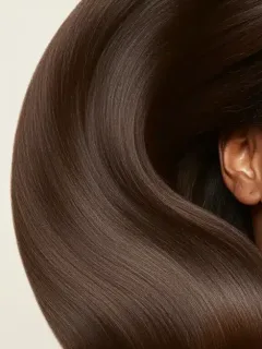 Smooth, shiny hair after using anti-frizz products with woman smiling