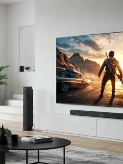 Modern 8K smart TV in a contemporary living room displaying stunning visual content