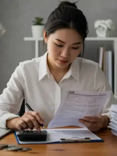 Tax filing preparation with documents and calculator on desk