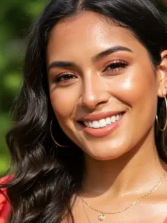 Woman with flawless makeup smiling in summer sunlight