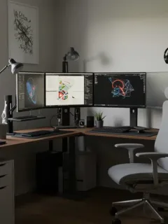 Modern home office workspace with ergonomic chair and standing desk