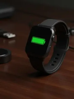Smartwatch with full battery charge on wooden desk