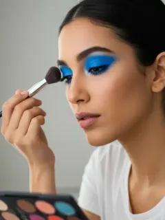 Woman applying bold blue eyeshadow with professional makeup brushes on vanity