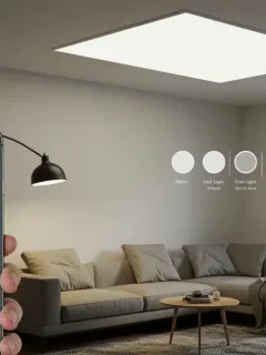 Smart lighting setup in modern living room with smartphone app control
