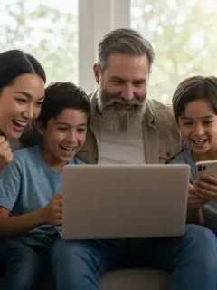 Happy family applying for internet discount program together at home