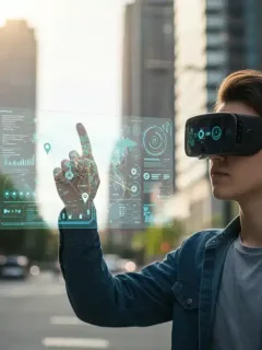 Person wearing modern AR glasses viewing holographic display in urban setting