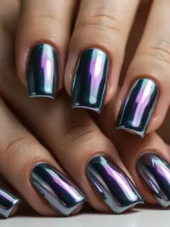 Chrome metallic nail art with colorful accents on manicured hands
