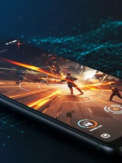 Smartphone playing 5G mobile game with network indicator
