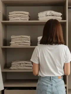 Minimalist capsule wardrobe closet organization with neutral clothing pieces
