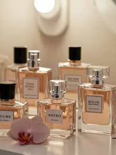 Elegant perfume bottles collection on vanity table with botanical decorations