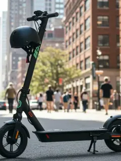 Electric scooter with helmet on city street showing urban micromobility