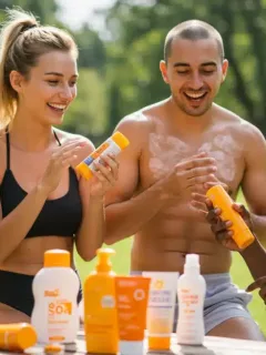 Group of friends applying sunscreen outdoors with different skin types