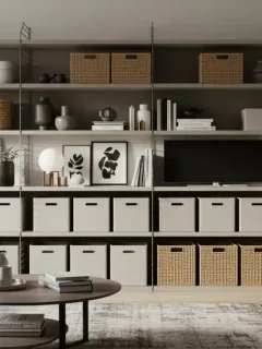 Organized living room with storage solutions