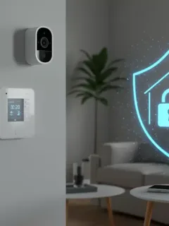 Smart home devices including thermostat, security camera and smart speaker with security overlay