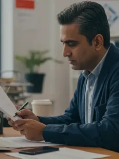 Small business owner applying for government grant on computer