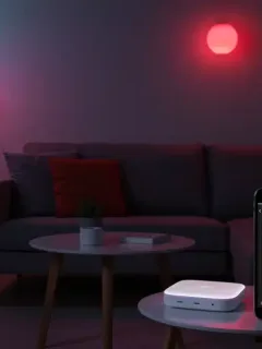 Smart lighting setup in modern living room with colorful LED bulbs and smartphone control