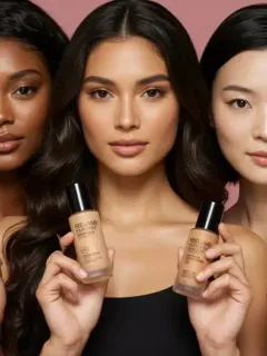 Diverse women holding foundation bottles in various shades