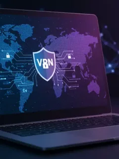 VPN security interface on laptop with shield protection