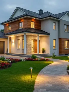 Modern home exterior with professional landscaping showing excellent curb appeal