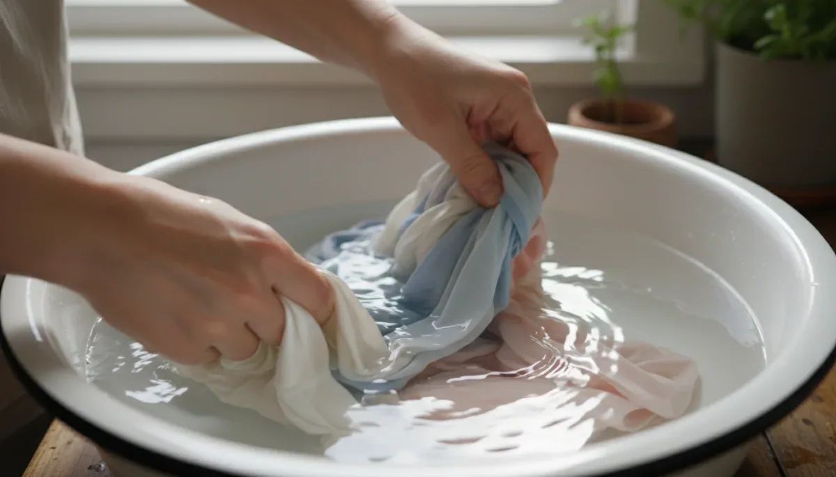 Person hand washing delicate fabric garments in a clean basin with water