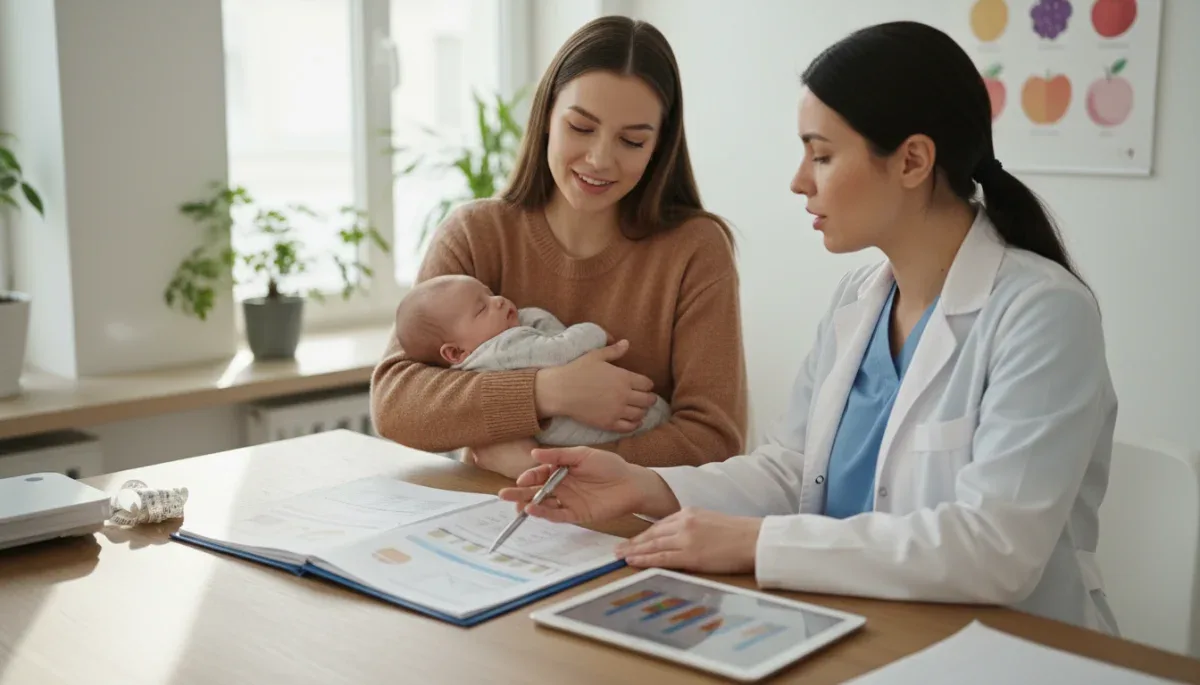 A healthcare provider conducting a nutritional assessment for a mother and baby at a health clinic.