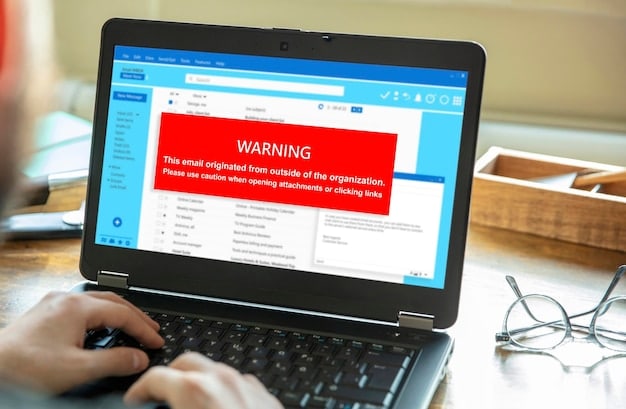 A computer screen displaying a mock phishing email with highlighted red flags, such as a suspicious sender address, grammatical errors, and a request for sensitive information.
