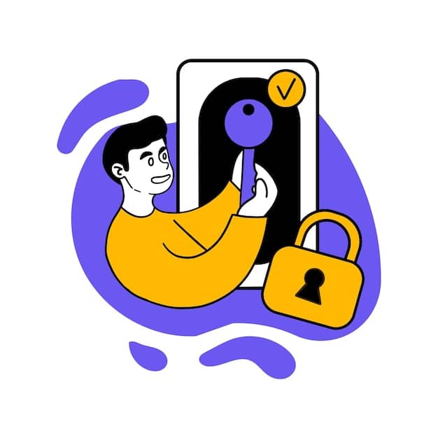 An illustration depicting a person securing a digital lock with a key made of complex password symbols, symbolizing strong online security practices.
