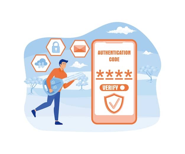 A graphic illustrating the multi-factor authentication process, showing a password being entered, a mobile phone receiving a verification code, and a fingerprint scan being used as additional layers of security.